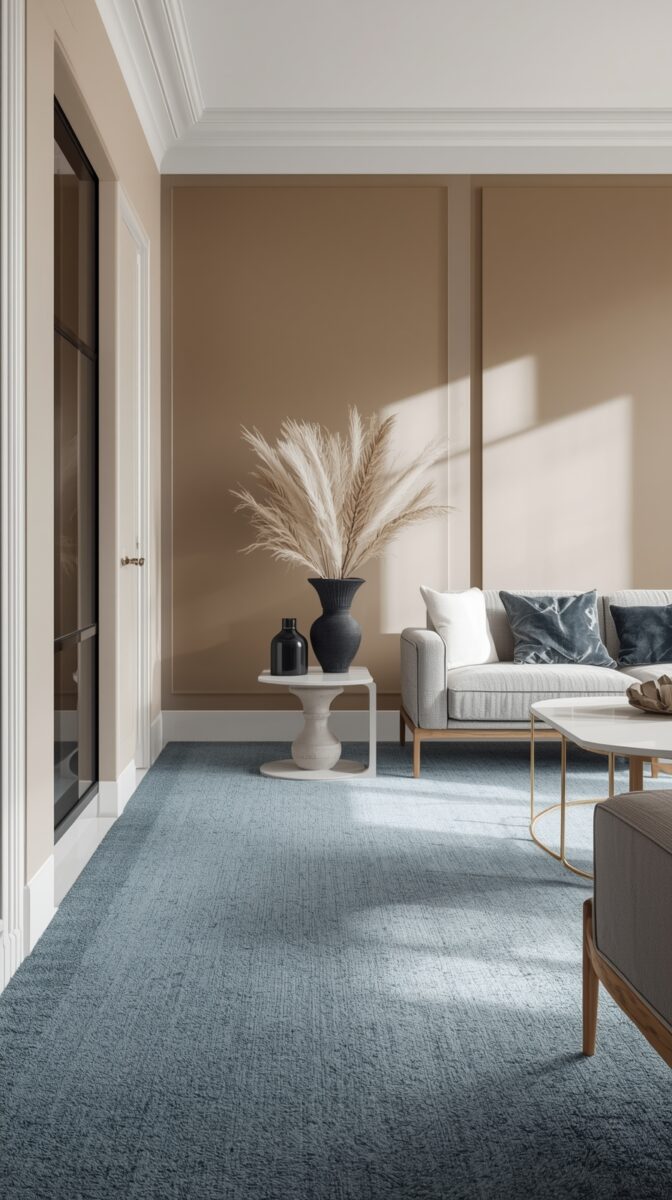 Modern living room with beige walls, gray sofa, pampas grass in black vase, blue carpet, and natural light casting shadows