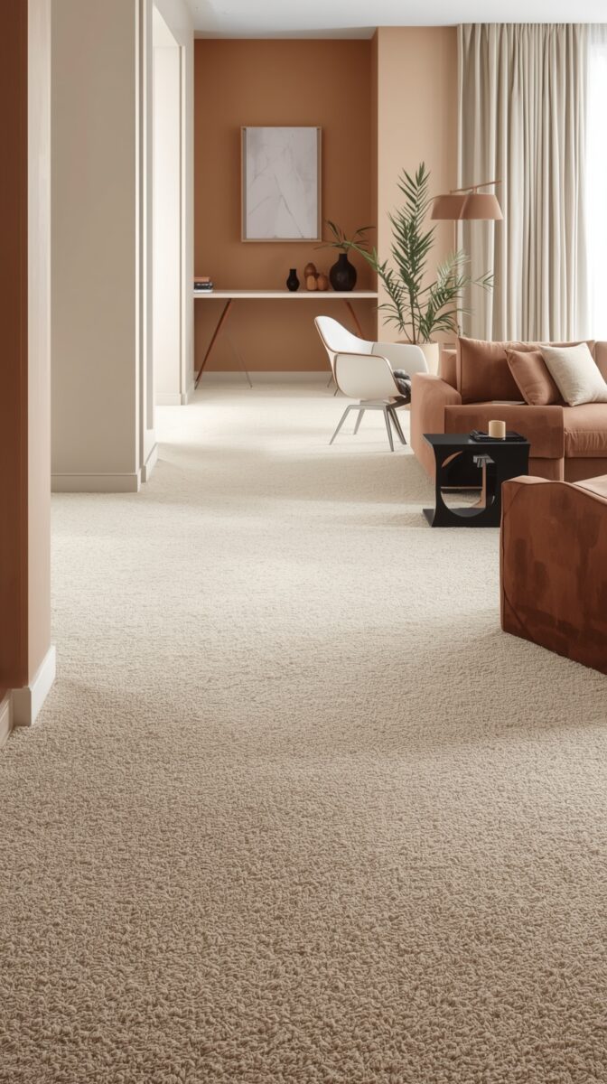 Modern living room with terracotta walls, beige carpet, white chair, and brown sofa featuring minimalist decor and palm plant