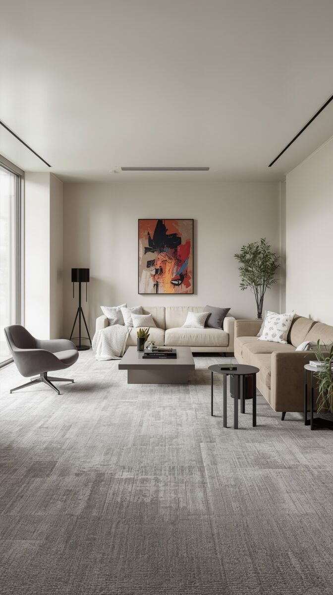 Modern minimalist living room with beige sectional sofa, abstract art, gray accent chair, and contemporary black coffee tables