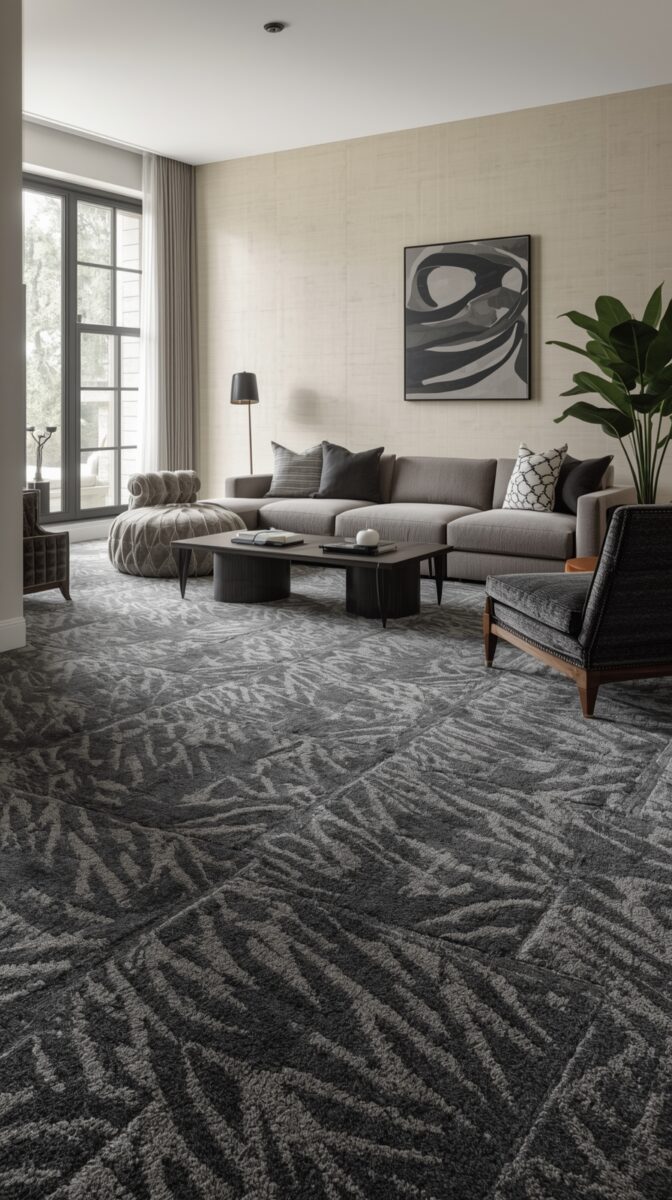 Modern gray living room with patterned carpet, sectional sofa, abstract art, and tall windows featuring minimalist design