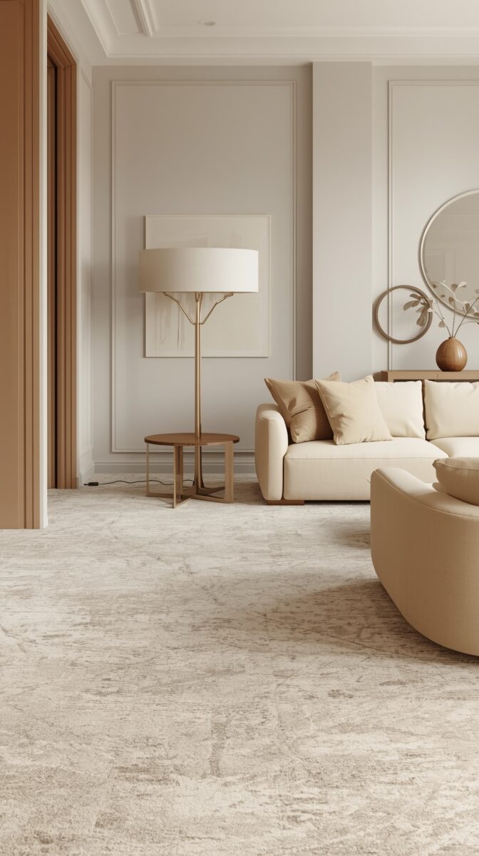 Modern minimalist living room with beige sofa, brass floor lamp, round side table, and textured carpet in neutral tones