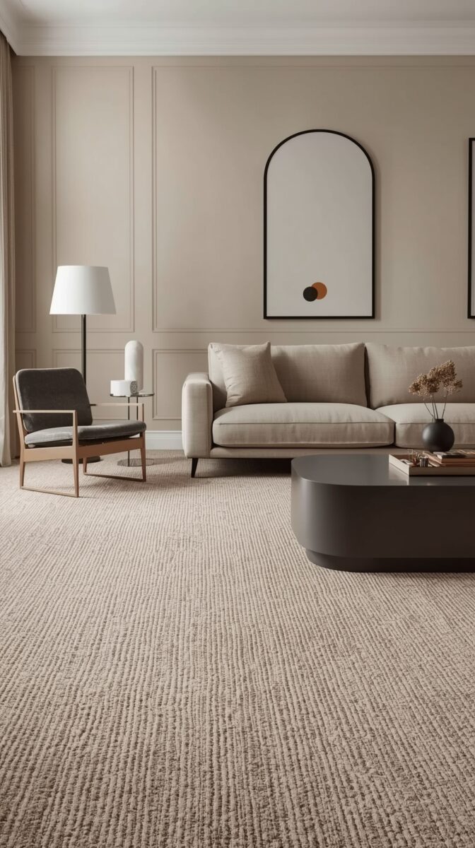 Modern minimalist living room with beige sofa, vintage armchair, arched mirror, and textured carpet in neutral tones