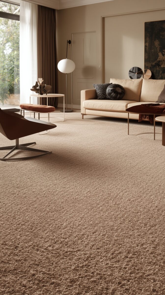 Modern living room with beige carpet, cream sofa, brown rocking chair, round side tables and globe floor lamp near window