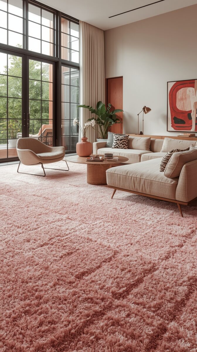 Modern living room with pink plush carpet, beige sectional sofa, curved accent chair, and floor-to-ceiling windows
