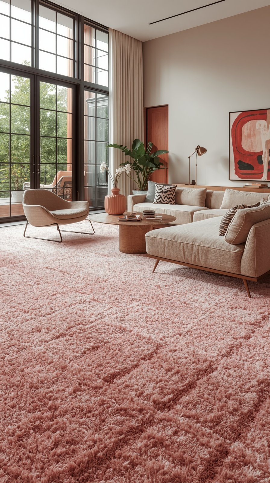 Modern living room with pink plush carpet, beige sectional sofa, curved accent chair, and floor-to-ceiling windows