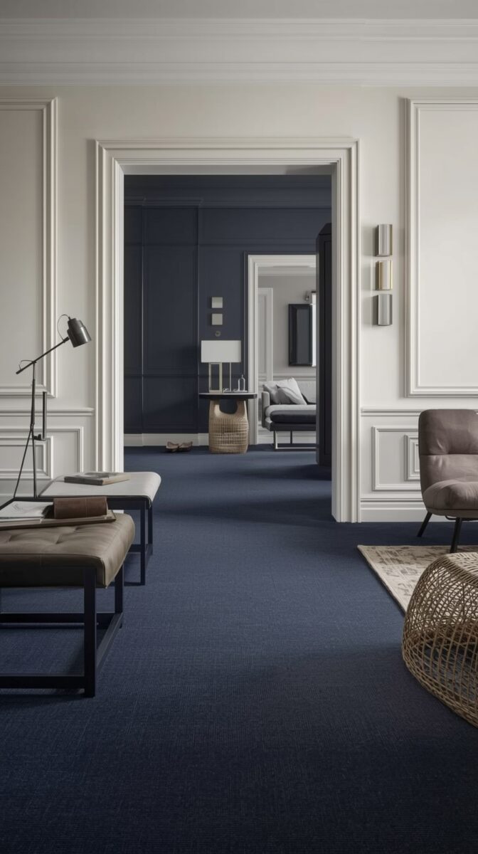 Modern interior with navy blue carpet, white moldings, and minimalist furniture featuring a view through connected rooms