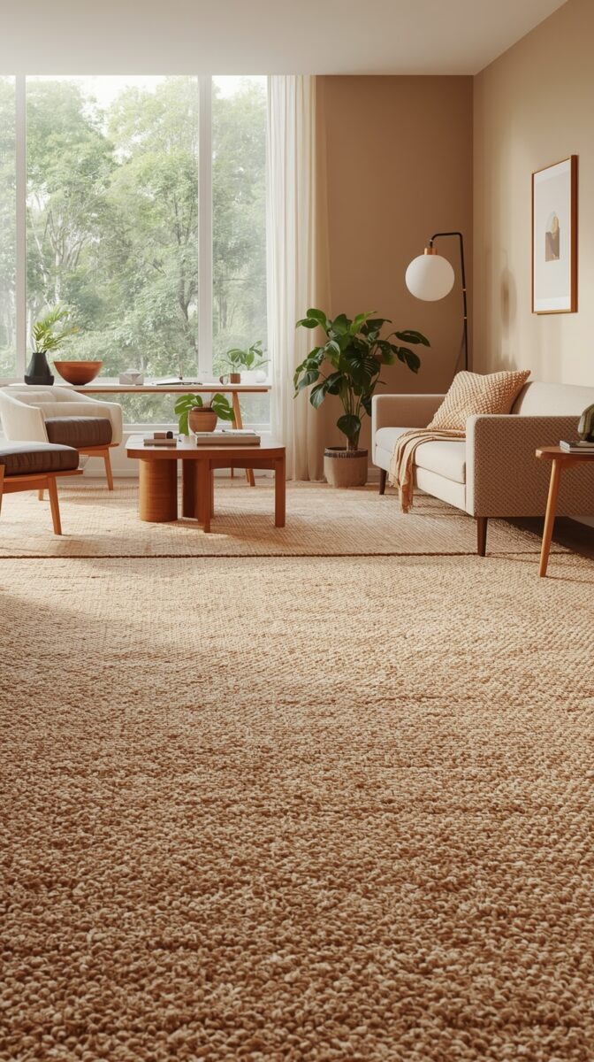 Modern minimalist living room with beige carpet, mid-century furniture, large windows, houseplants and globe floor lamp