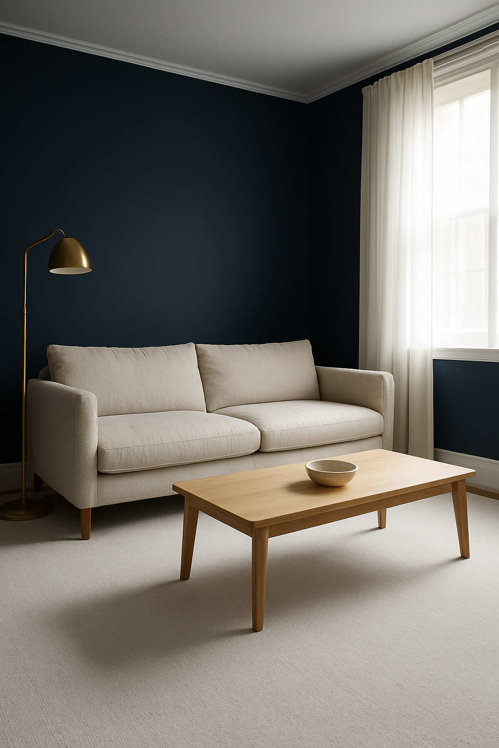 Living room with navy blue walls and a bright white carpet