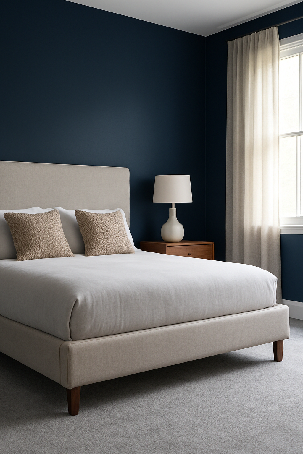 Bedroom with navy blue walls and a soft gray carpet