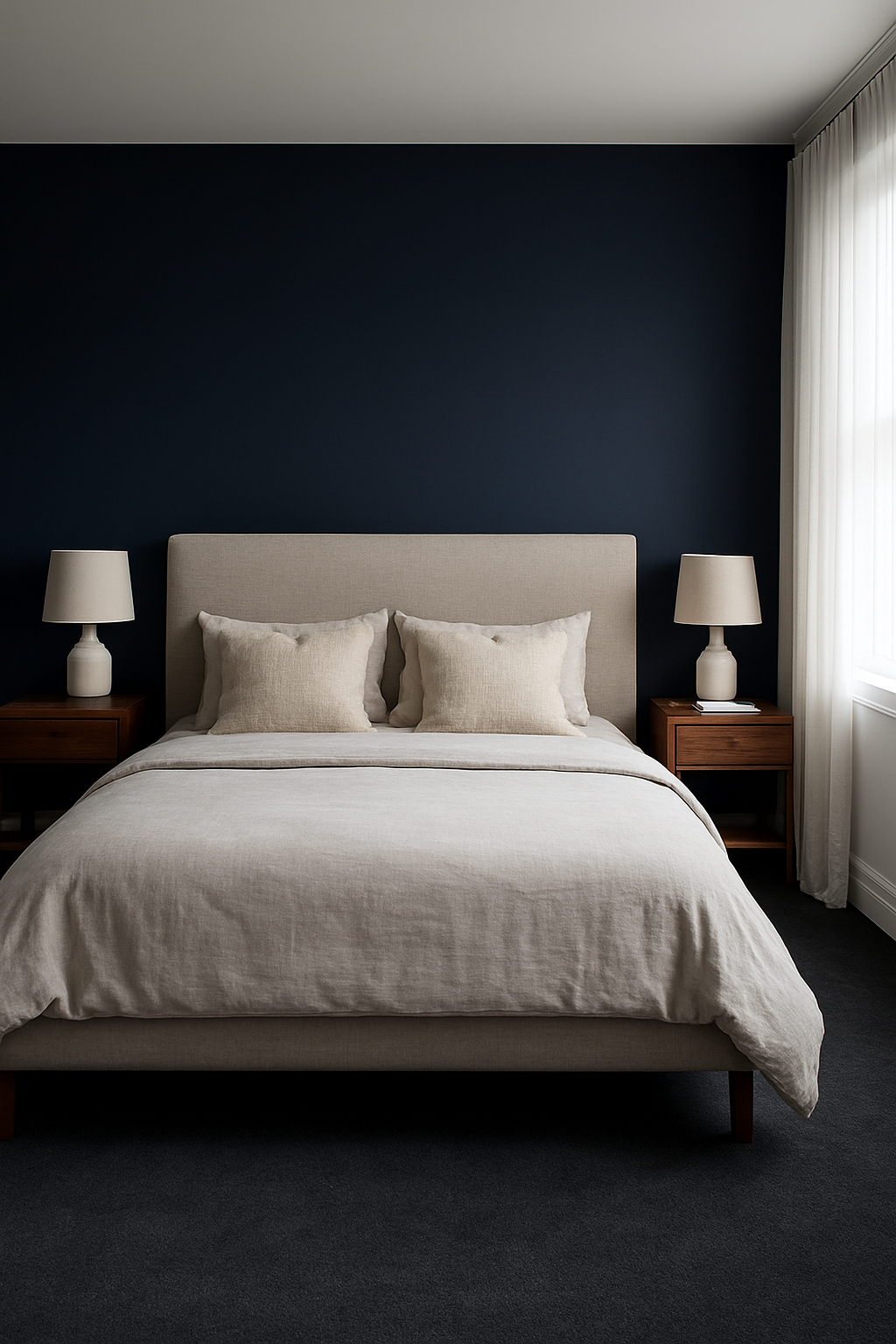 Bedroom with navy blue walls and a dark charcoal carpet