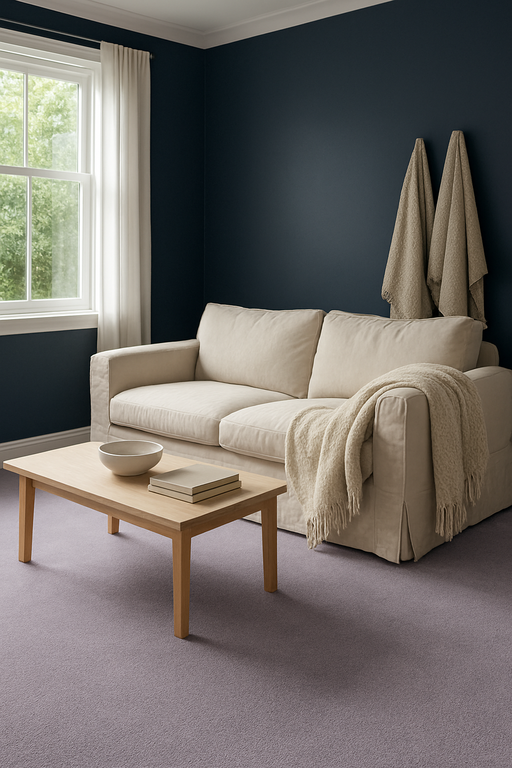 Family room with navy blue walls and a pale lavender carpet