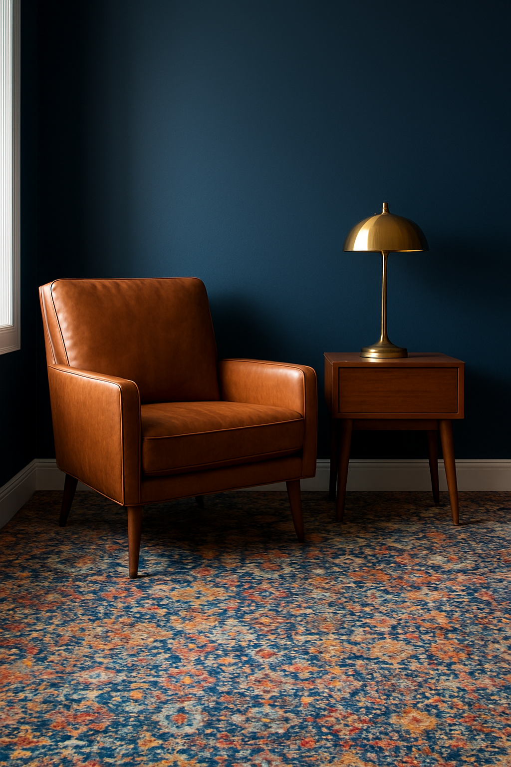 Den with navy blue walls and a multicolor patterned carpet
