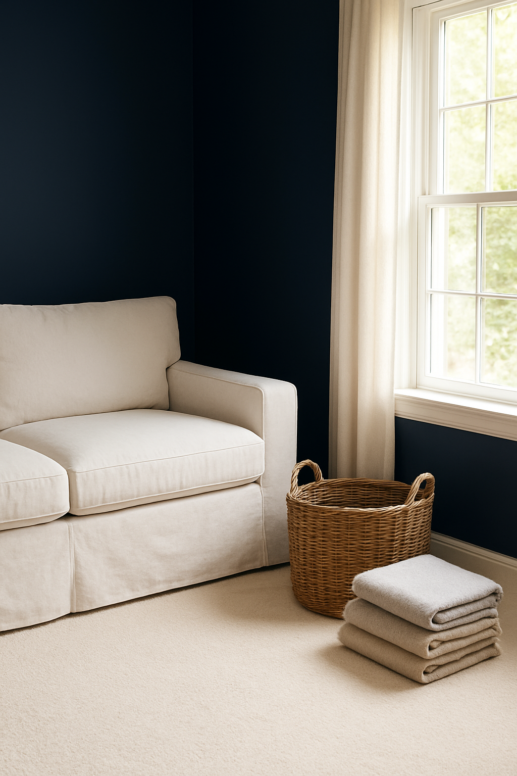 Family room corner with navy walls and a warm cream carpet