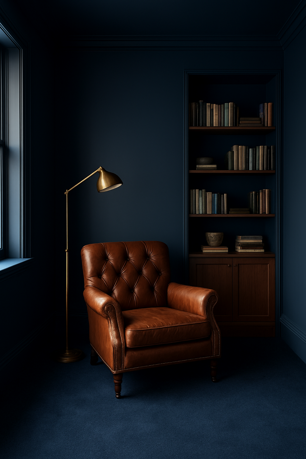 Den with navy blue walls and matching navy blue carpet