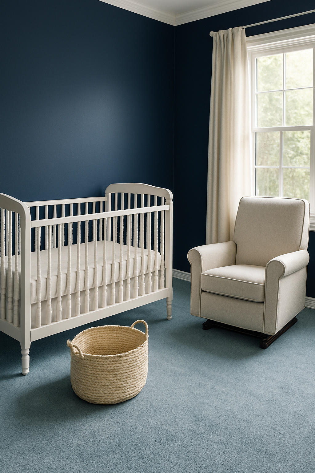 Nursery with navy blue walls and a light blue carpet
