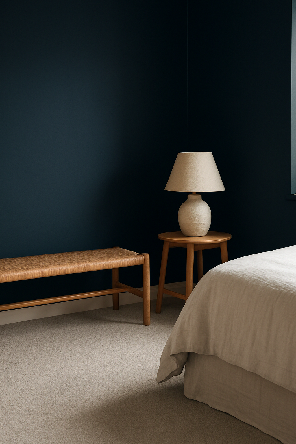 Guest room corner with navy walls and a greige carpet
