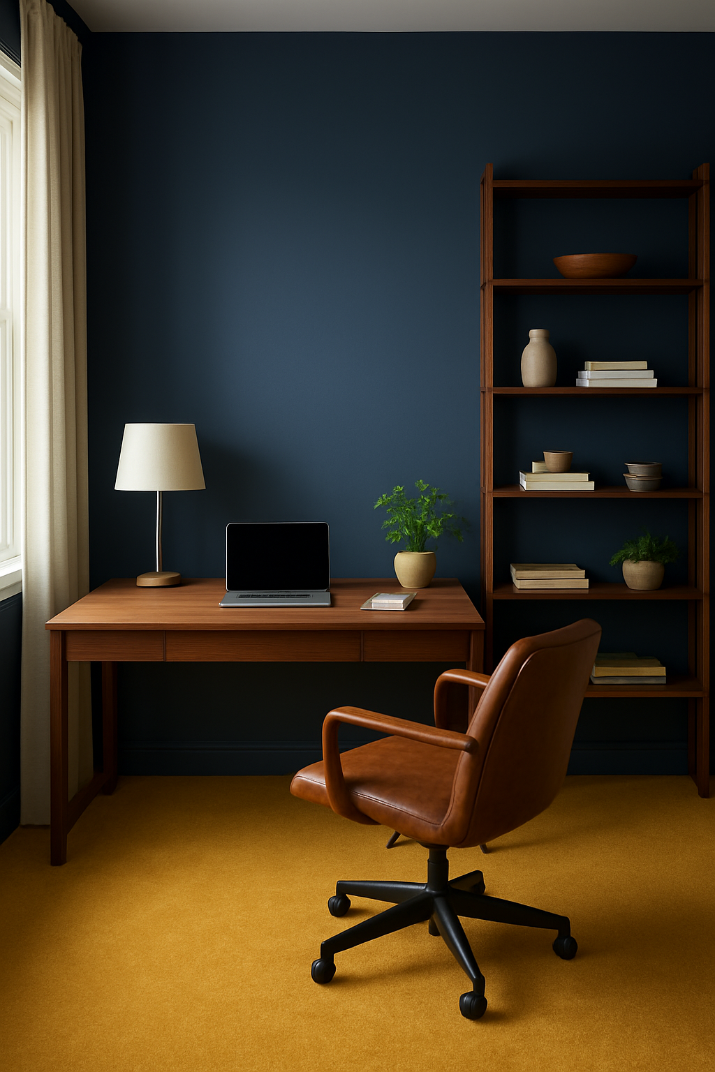Home office with navy blue walls and a mustard yellow carpet