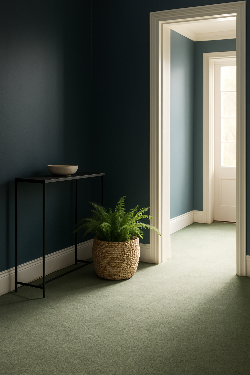 Hallway with navy blue walls and a sage green carpet