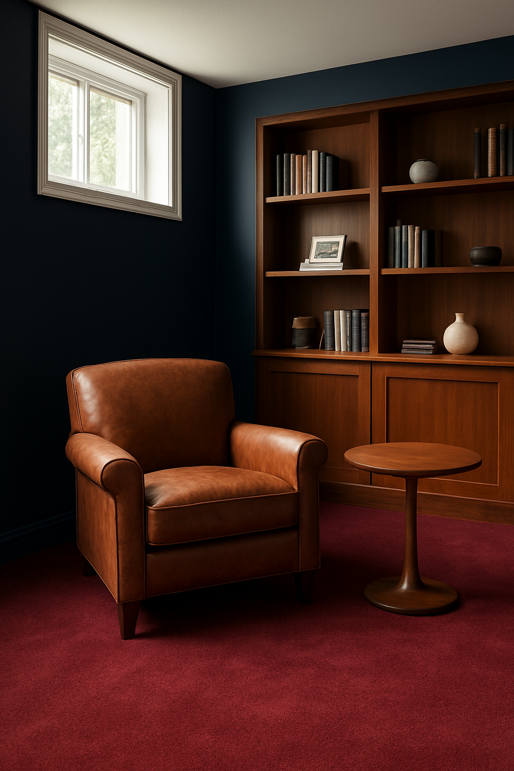 Basement with navy blue walls and a rich burgundy carpet