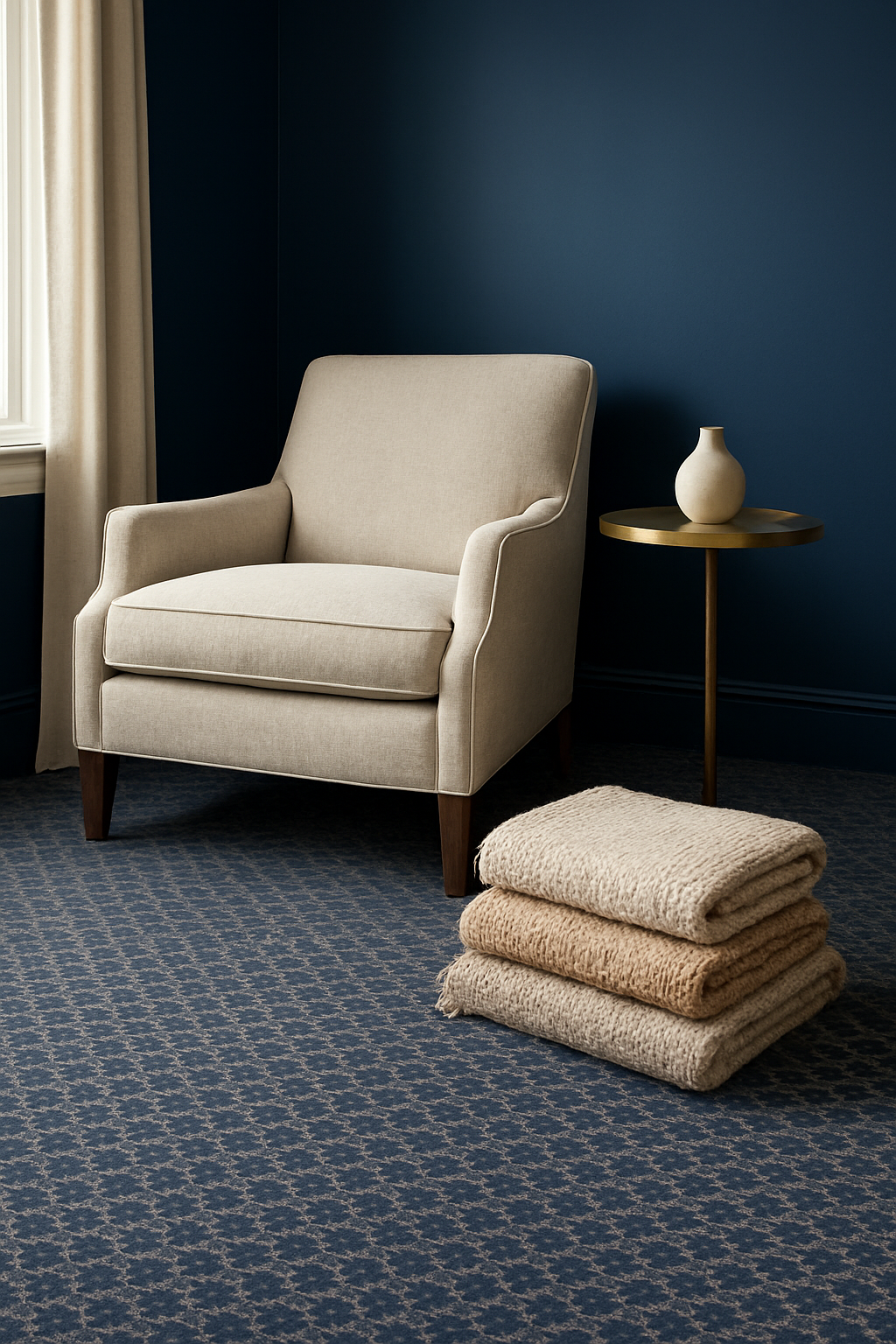 Living room with navy walls and navy-accented patterned carpet