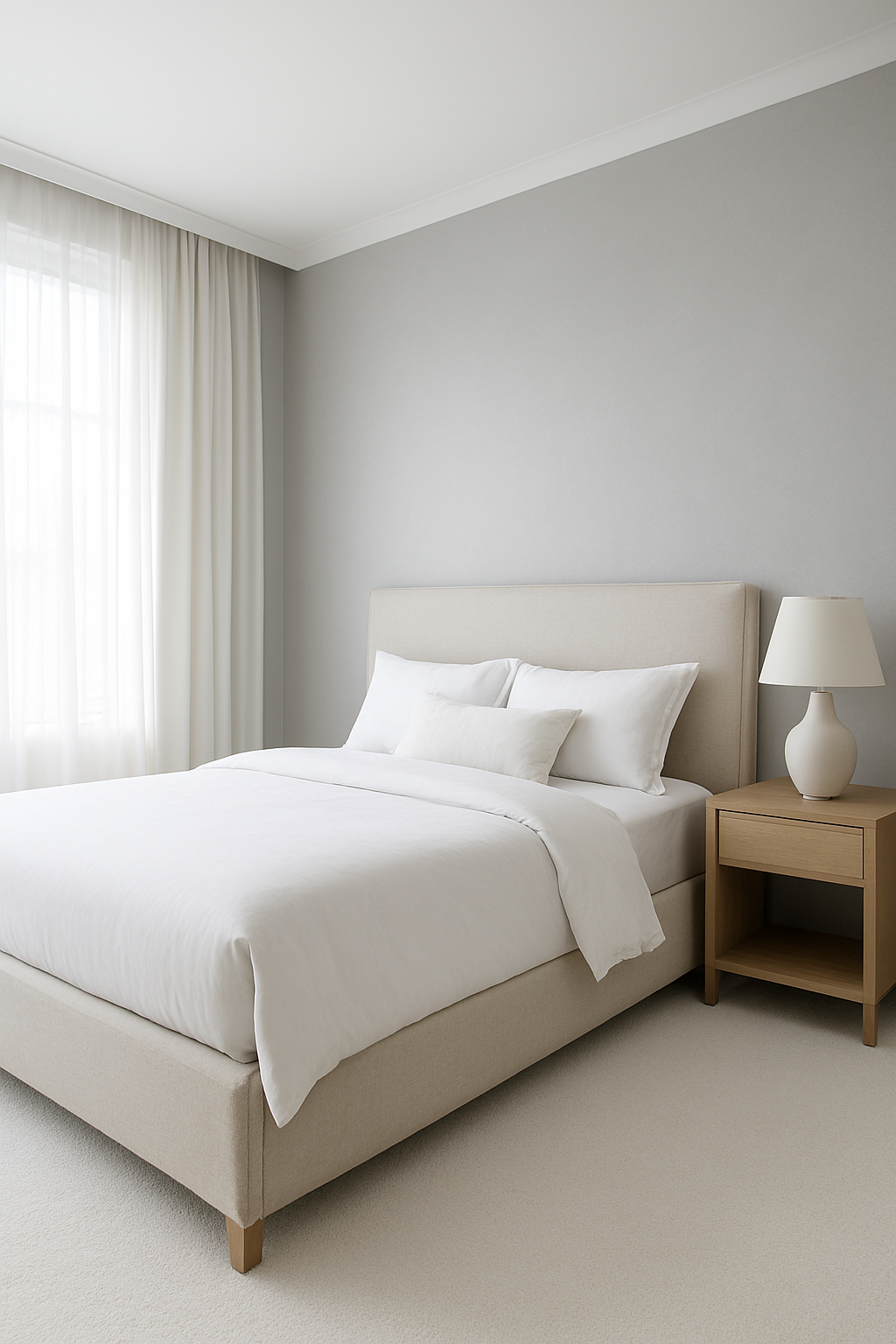 Bedroom with silver walls and a bright white wall-to-wall carpet