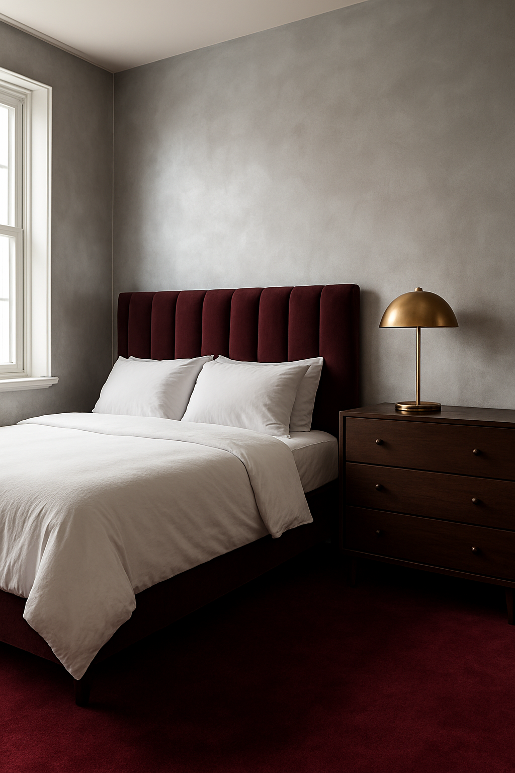 Bedroom with silver walls and a rich burgundy wall-to-wall carpet