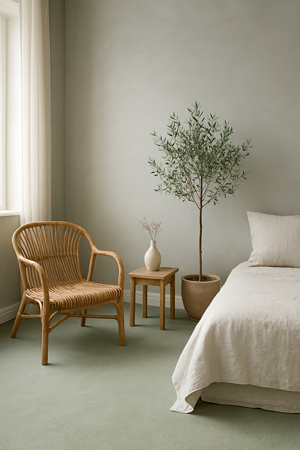 Guest room corner with silver walls and a pale sage green carpet