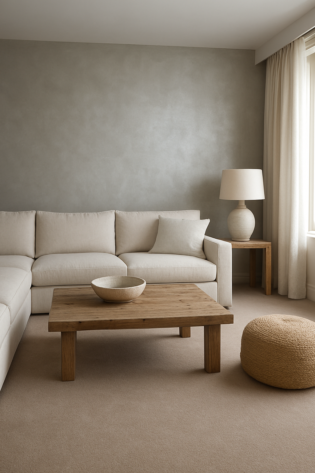 Family room with silver walls and a warm taupe wall-to-wall carpet