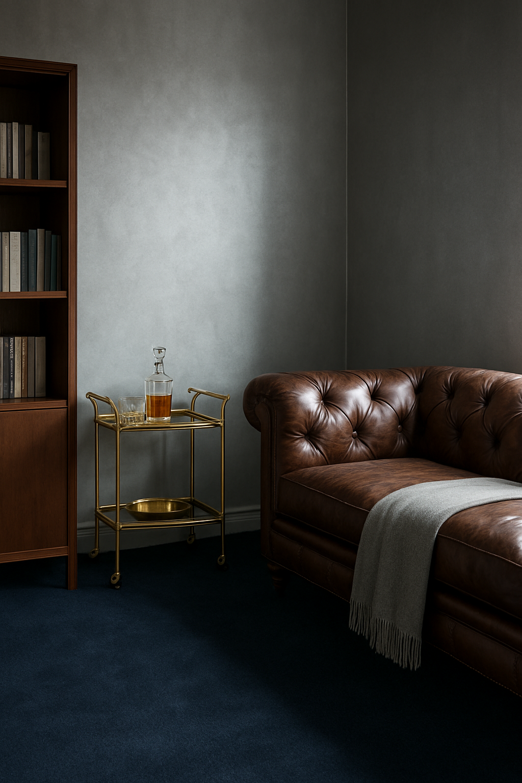 Den corner with silver walls and a navy blue wall-to-wall carpet