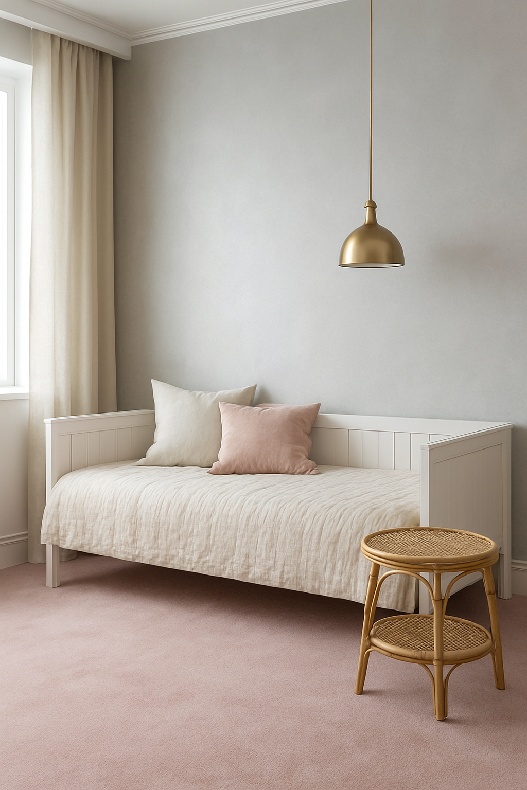 Guest room with silver walls and a blush pink wall-to-wall carpet