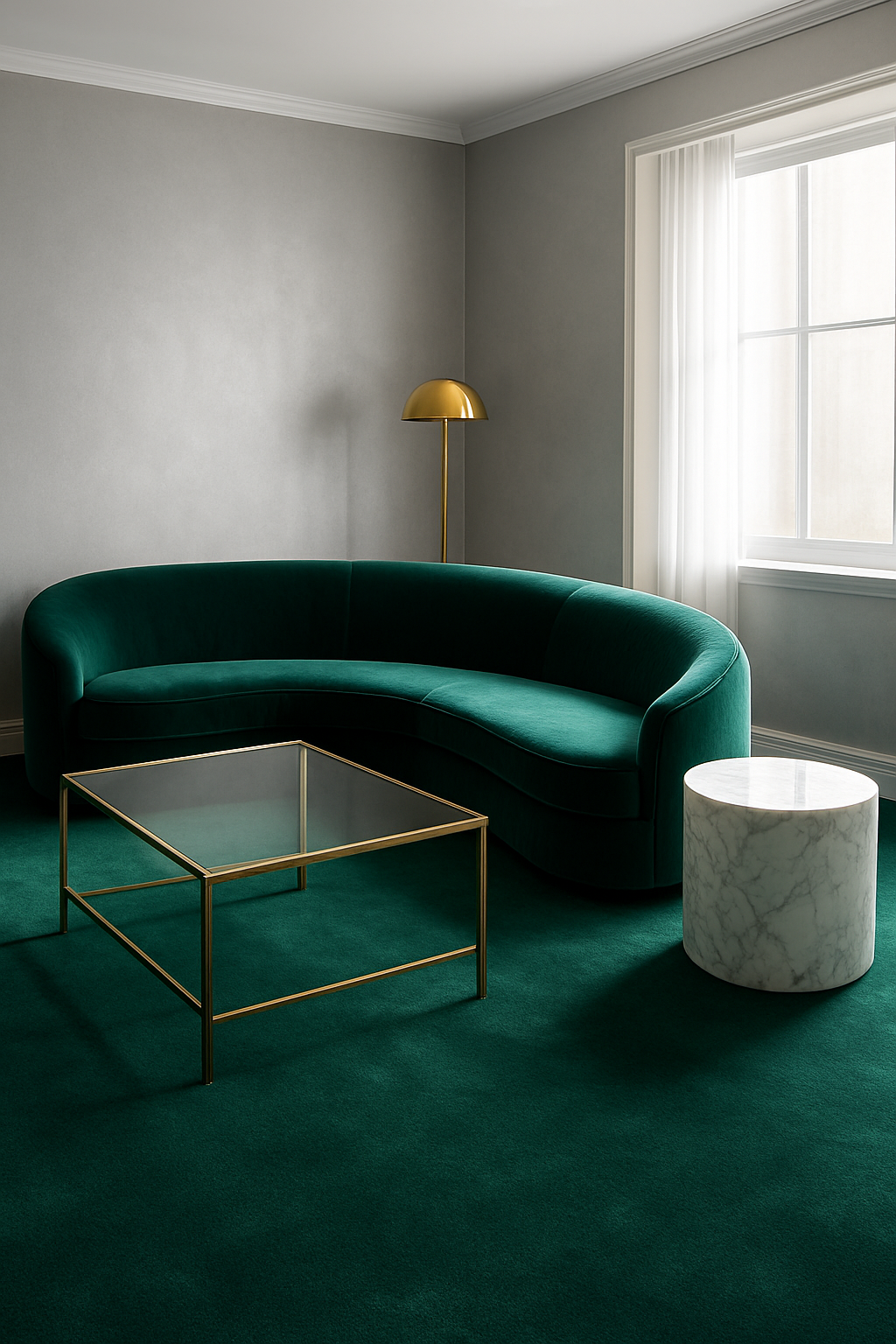 Family room with silver walls and an emerald green wall-to-wall carpet