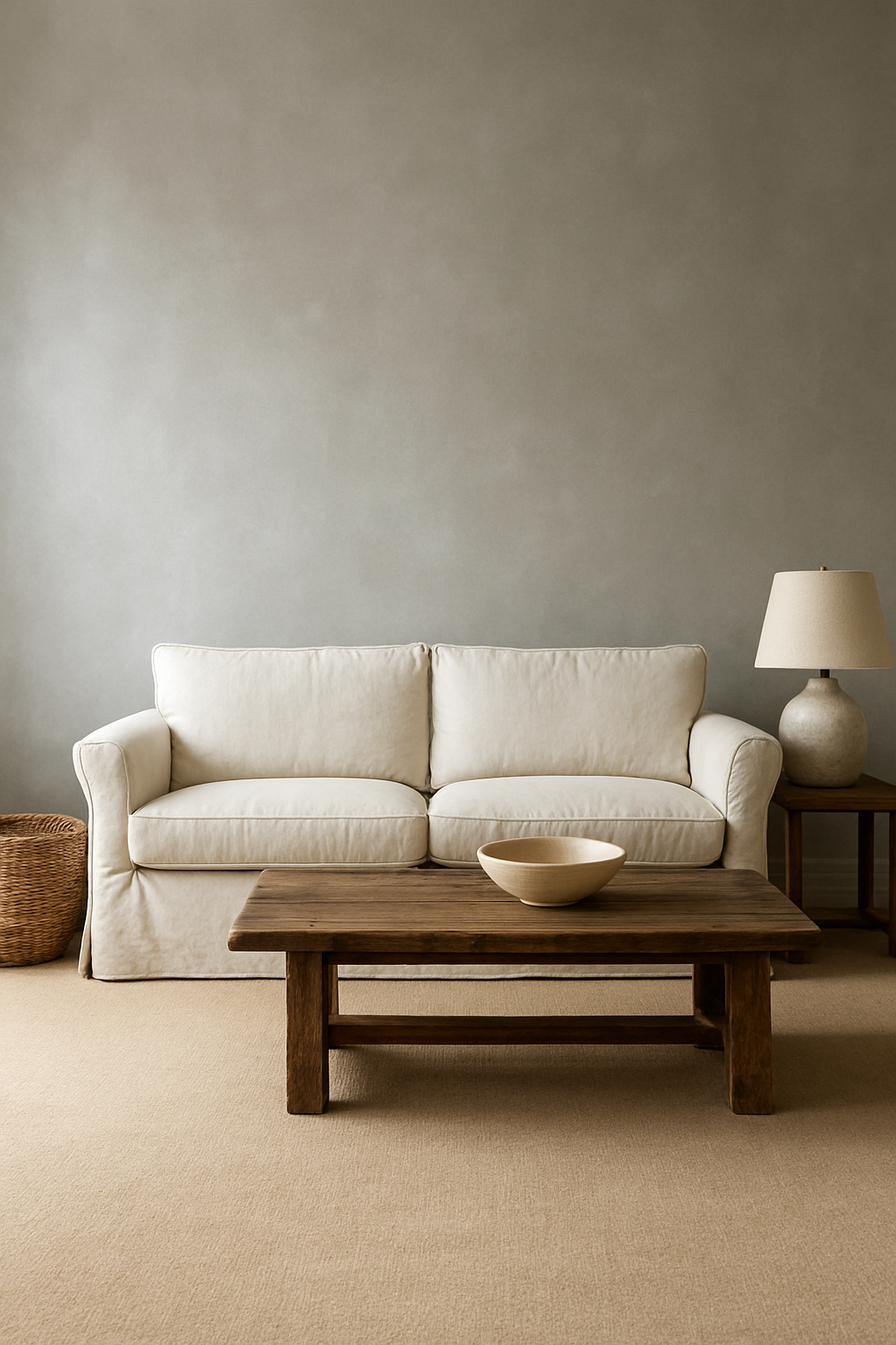 Living room corner with silver walls and a warm beige wall-to-wall carpet
