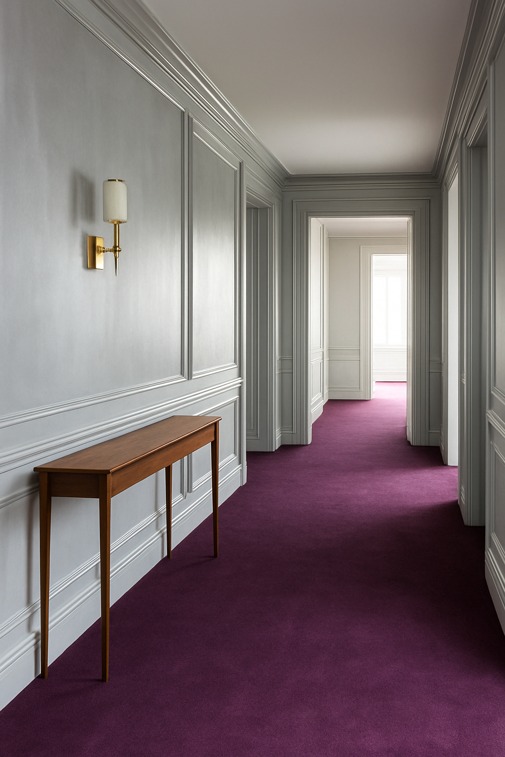 Hallway with silver walls and a deep purple wall-to-wall carpet