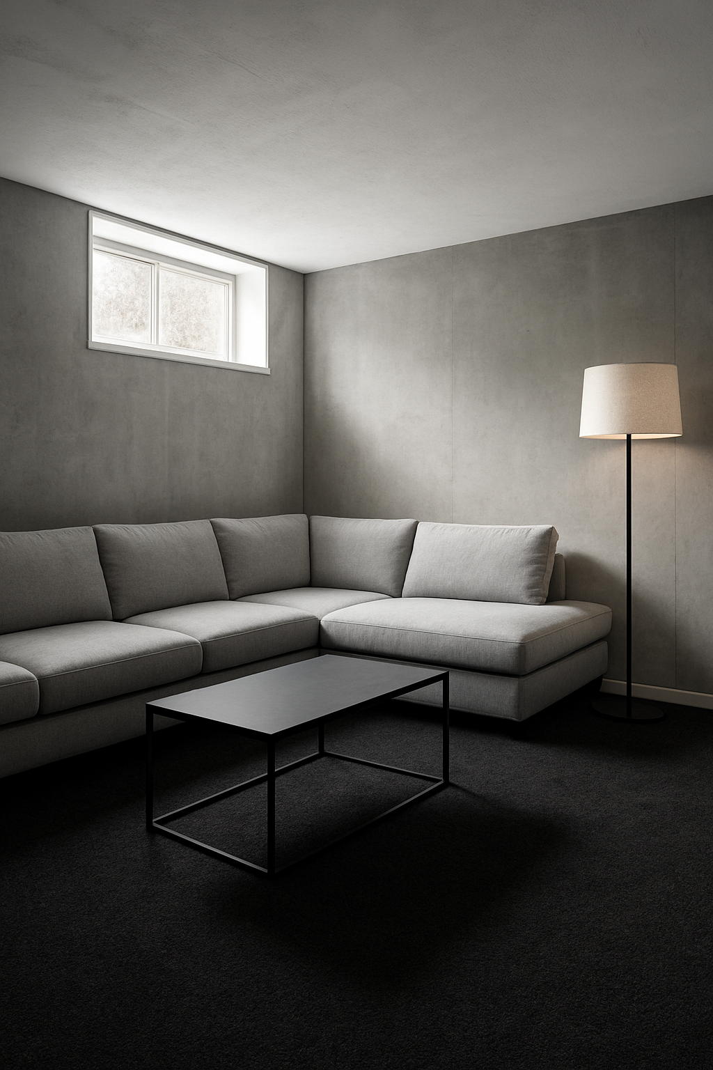 Basement with silver walls and a charcoal black wall-to-wall carpet
