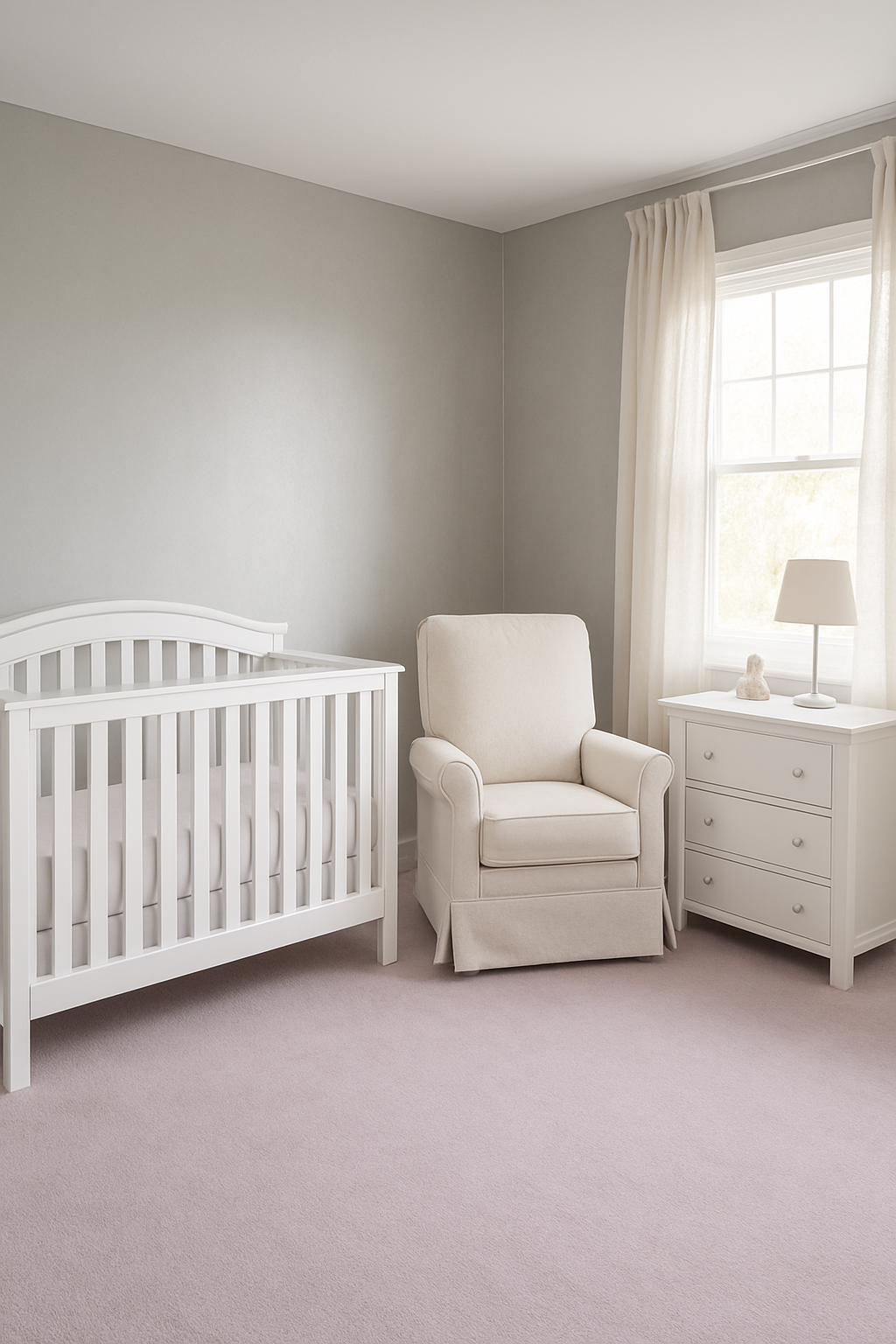 Nursery with silver walls and a soft lavender wall-to-wall carpet