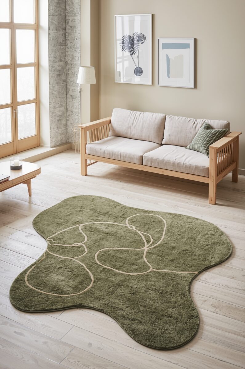 Organic-shaped sage green rug with abstract cream line art in a minimalist Scandinavian living room with wood sofa