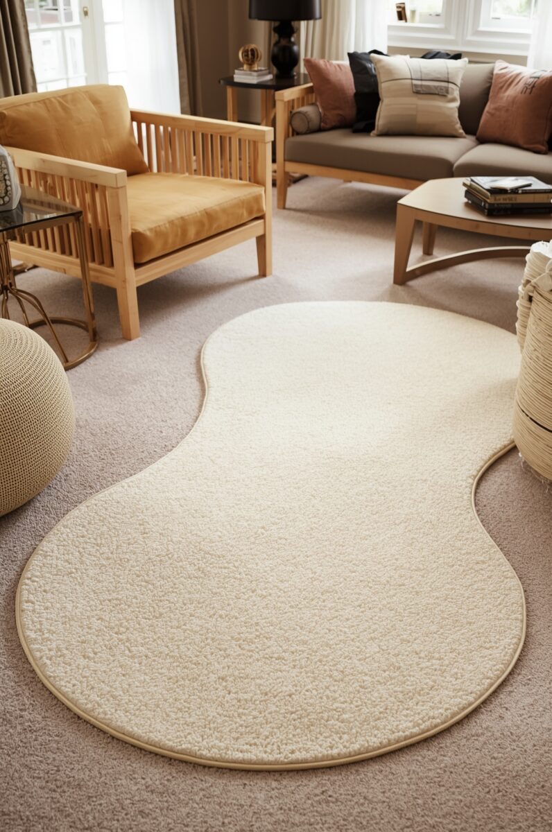 Cream organic-shaped hourglass rug on beige carpet in a warm neutral living room with wooden furniture