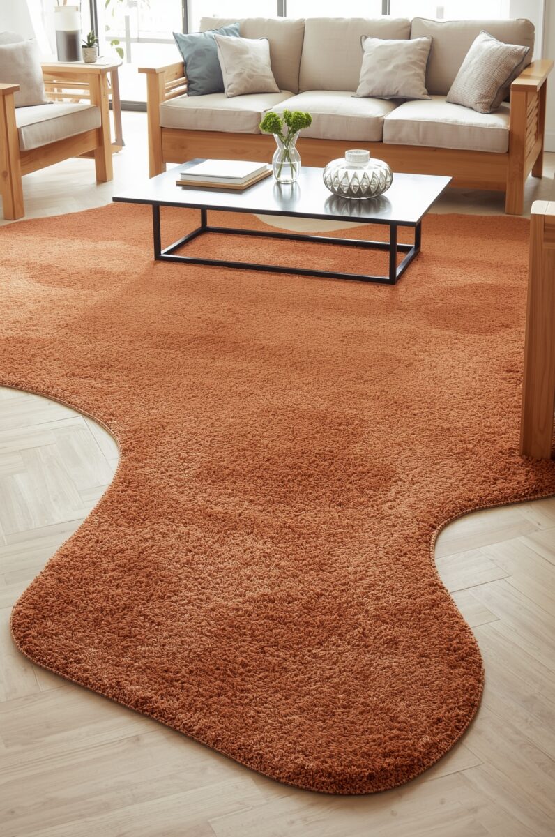 Terracotta shaggy rug with organic wavy shape in a modern living room with wooden furniture and beige sofa