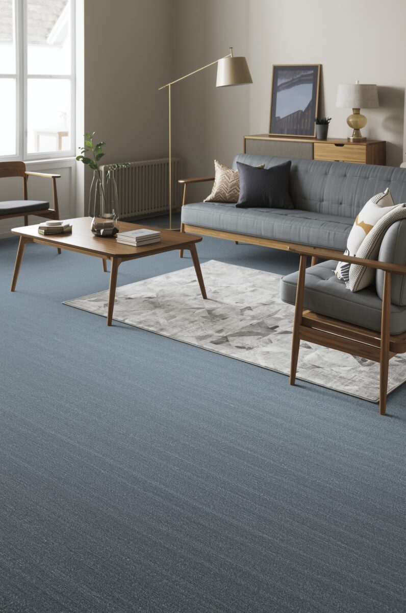 Modern mid-century living room with blue carpet, gray sofa, wooden furniture, and abstract area rug