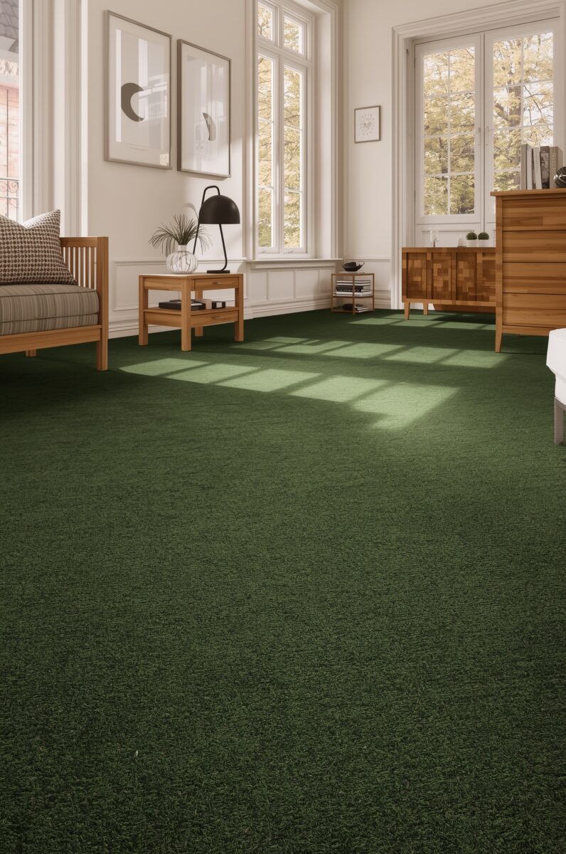 Bright living room with dark green carpet, wooden furniture, large windows, and white walls with framed art