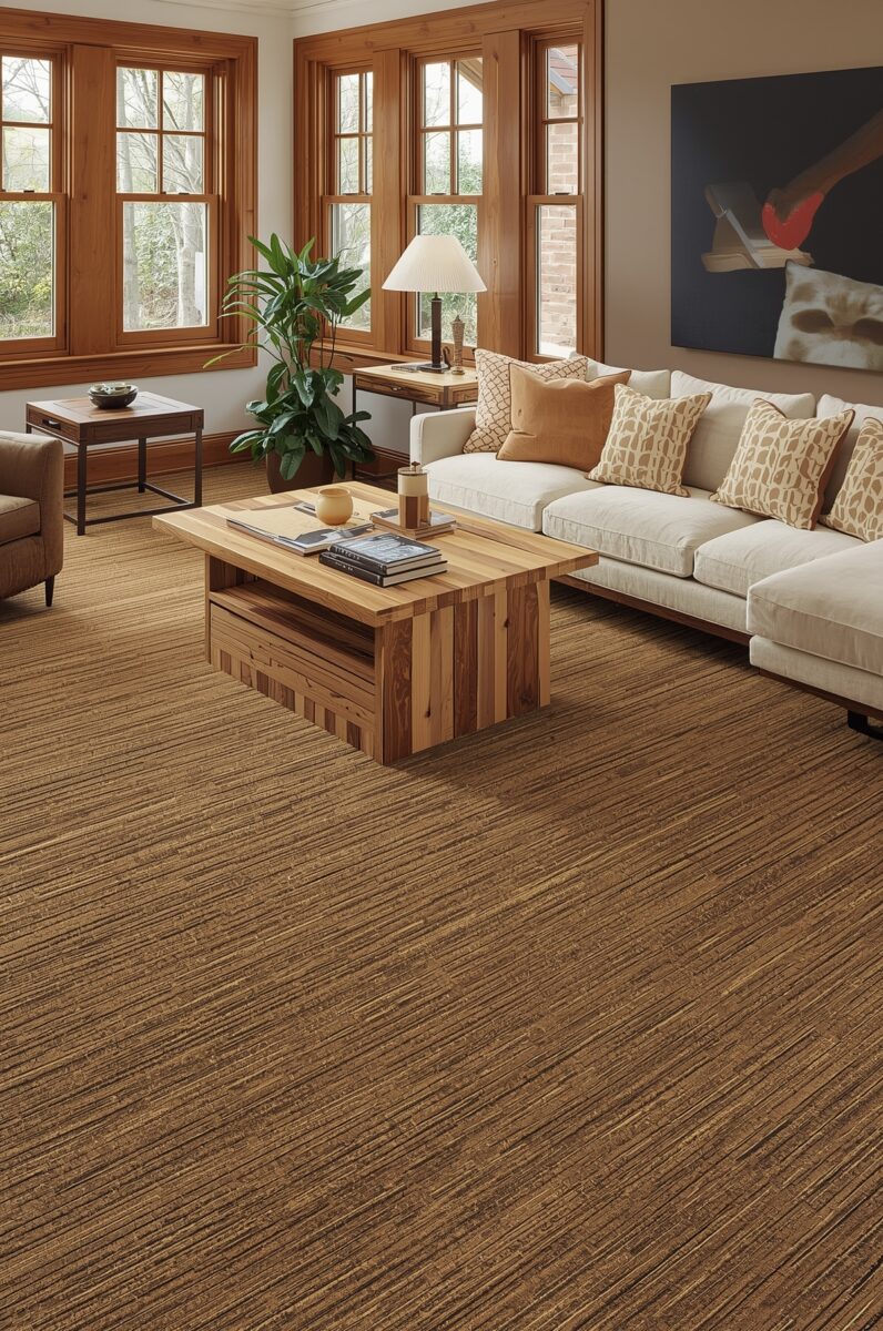 Warm living room with brown striped carpet, cream sofa, wooden coffee table, and large windows with wood trim