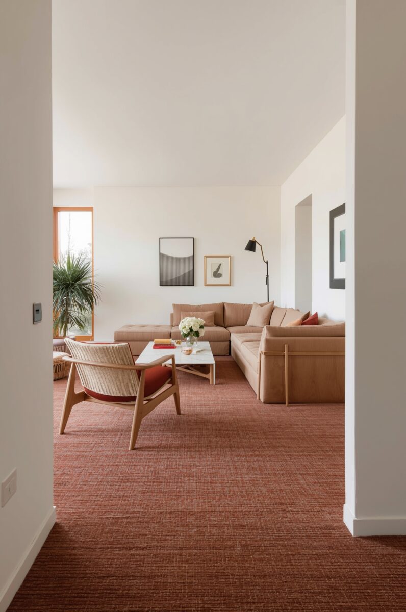 Modern living room with terracotta carpet, beige L-shaped sectional sofa, woven accent chair, and white coffee table