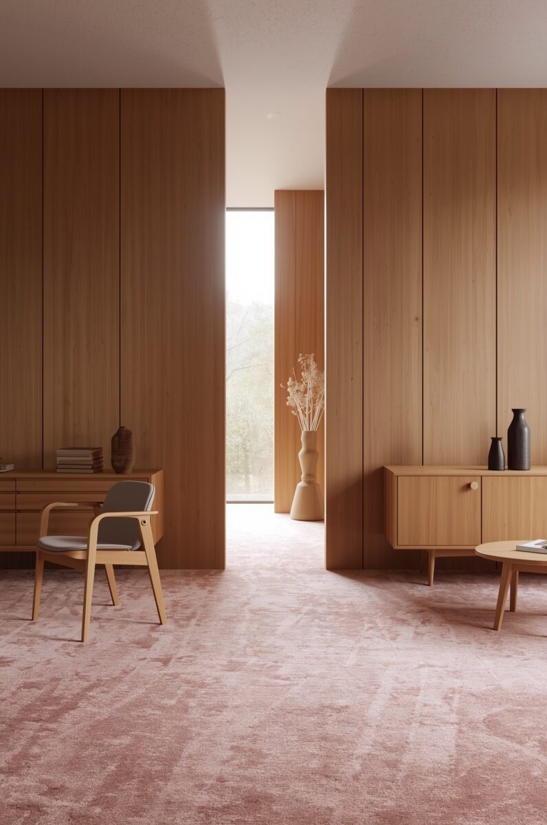 Minimalist living space with warm wood-paneled walls, pink carpet, wooden furniture, and a narrow window corridor