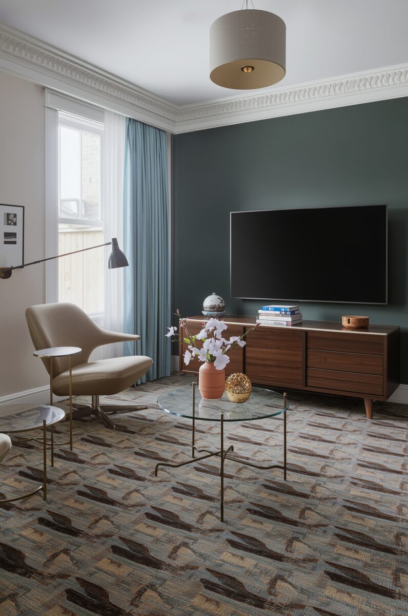 Mid-century modern living room with dark teal accent wall, walnut TV console, glass coffee table, and patterned rug