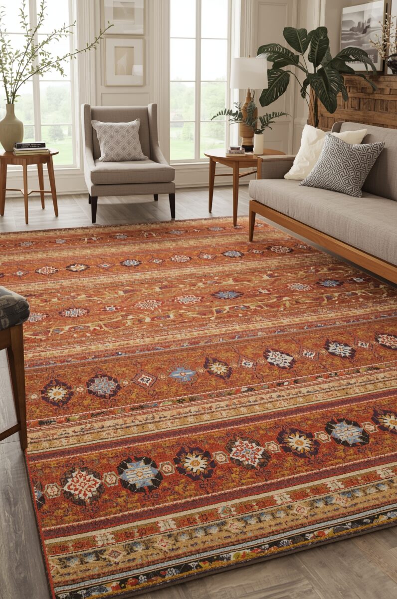 Vibrant orange and red Persian-style area rug with geometric medallion patterns in a modern living room