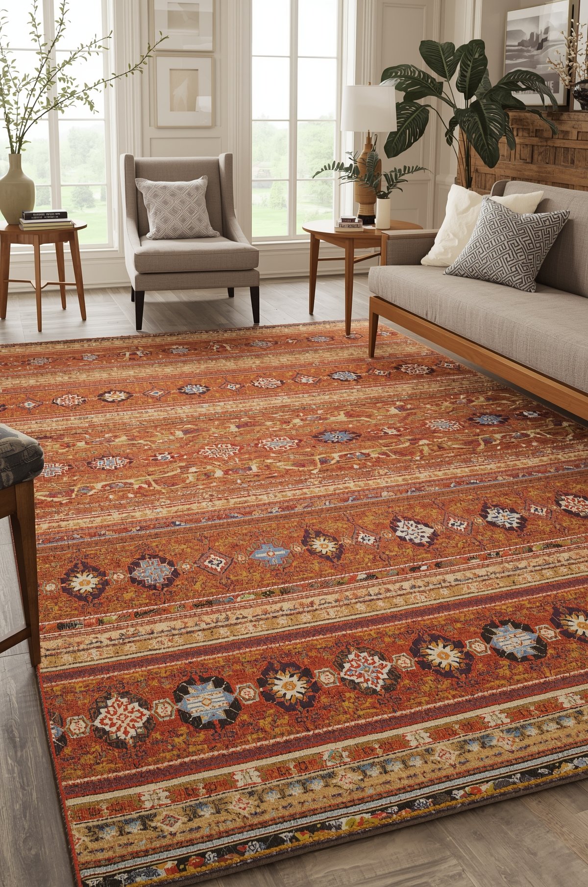 Vibrant orange and red Persian-style area rug with geometric medallion patterns in a modern living room