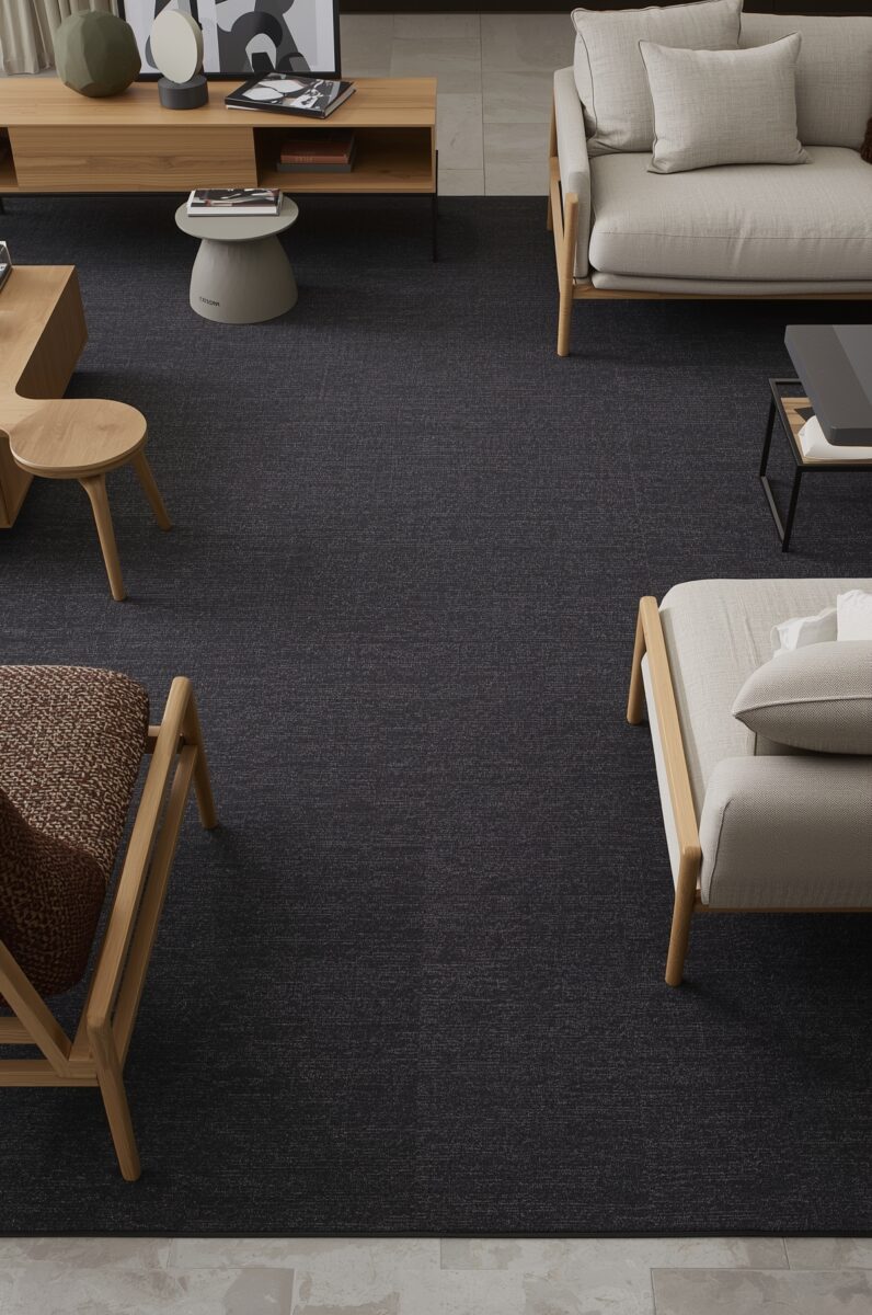 Modern living room with dark charcoal carpet tiles, natural oak furniture, cream sofas, and brown woven accent chair