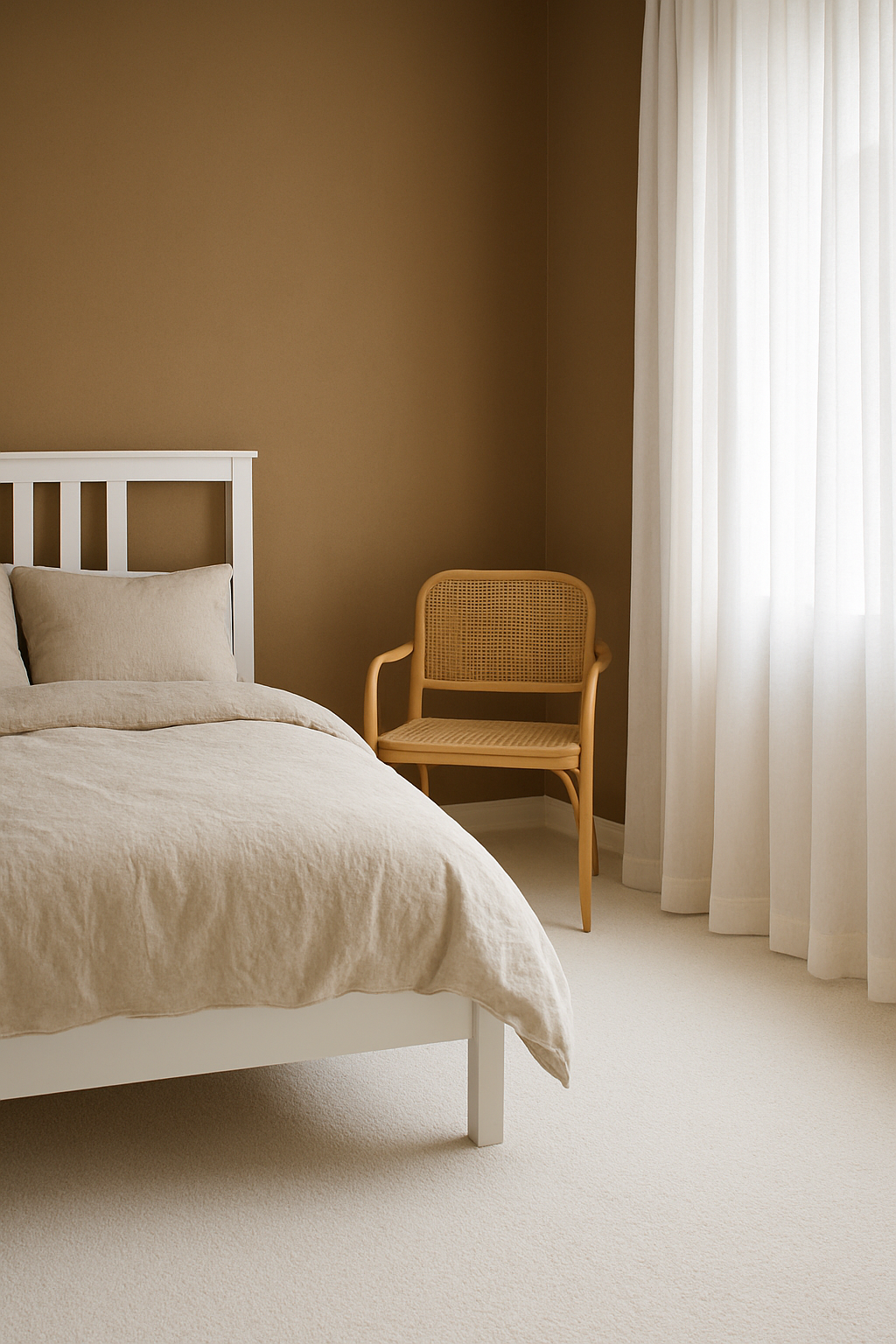 Bedroom with dark tan walls and crisp white carpet, white bed frame