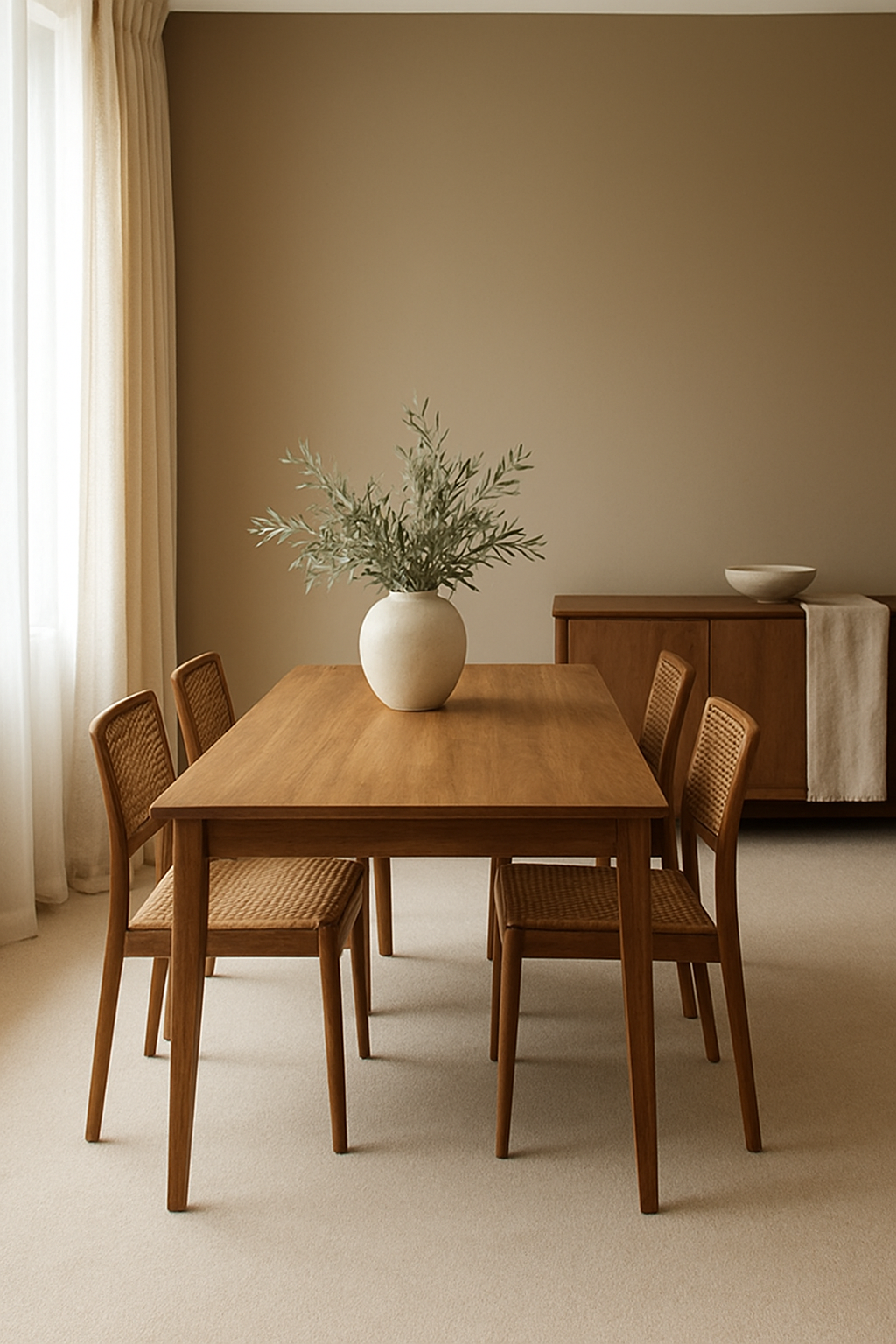 Dining room with dark tan walls and soft beige carpet, wood table