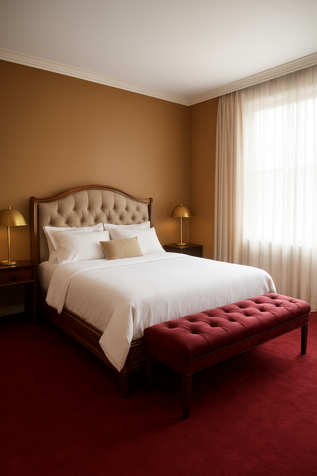 Primary bedroom with dark tan walls and burgundy carpet, tufted bed frame